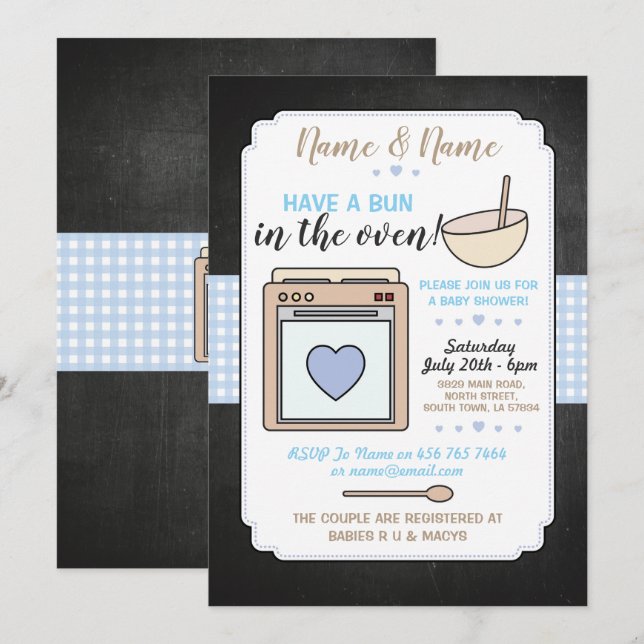 Invitación Un Fiesta de Baby Shower en Oven Blue Boy Gingham (Anverso / Reverso)