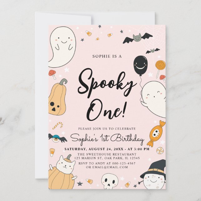 Invitación Un Fiesta de primer cumpleaños de Cute Ghost Hallo (Anverso)