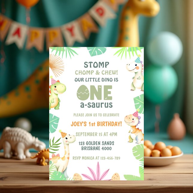 Invitación Un Fiesta del primer cumpleaños de un dinosaurio s (One A Saurus Dinosaur 1st Birthday Party for Kids Invitation)