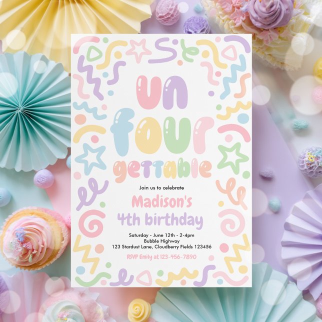 Invitación Un-Four-Gettable Confetti Balloon 4th Birthday  (Subido por el creador)
