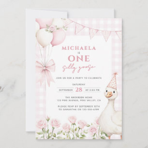 Invitación Un ganso tonto acuarela primer cumpleaños rosa
