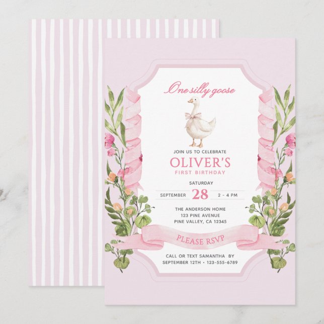 Invitación Un ganso tonto cumple 1 año en rosa (Anverso / Reverso)