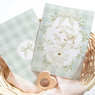 Invitación Un ganso tonto cumpleaños 1º Pistacho Gingham