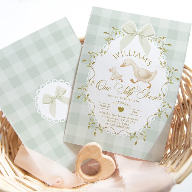 Invitación Un ganso tonto cumpleaños 1º Pistacho Gingham (Subido por el creador)