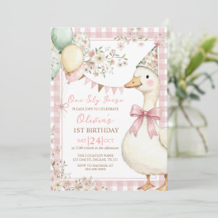 Invitación Un ganso tonto Cumpleaños 1er año niña lazo rosa