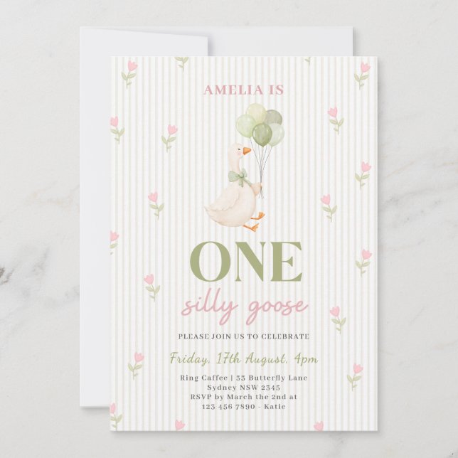 Invitación Un ganso tonto floral cumpleaños 1 (Anverso)