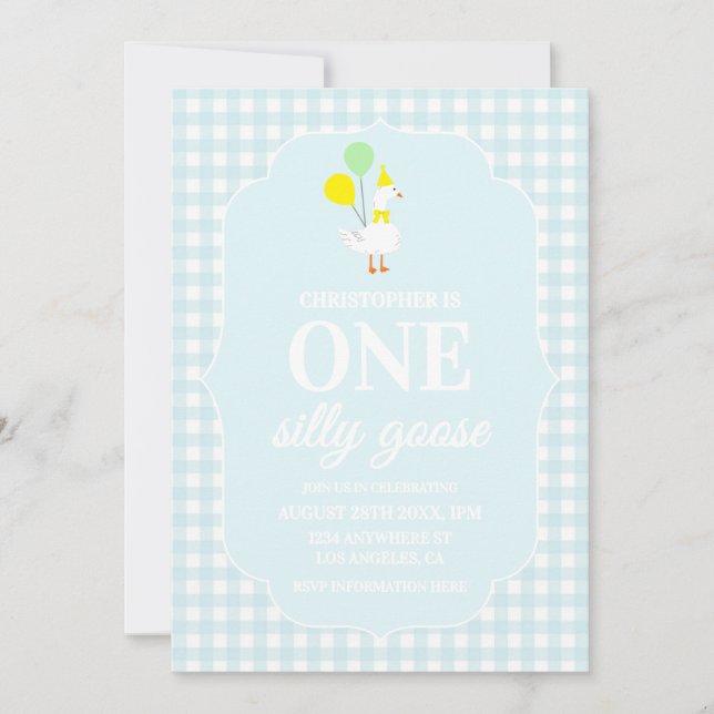 Invitación Un ganso tonto Gingham cumpleaños 1 (Anverso)