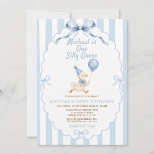 Invitación Un ganso tonto rayas azules niño primer cumpleaños