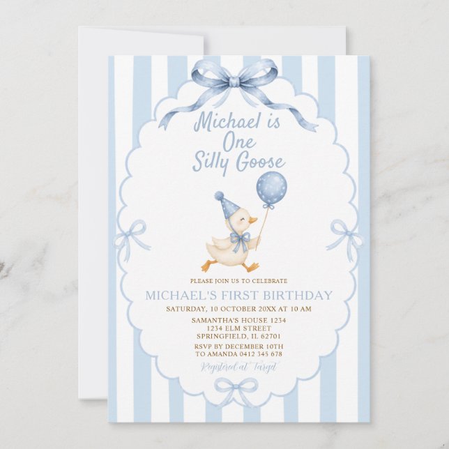 Invitación Un ganso tonto rayas azules niño primer cumpleaños (Anverso)