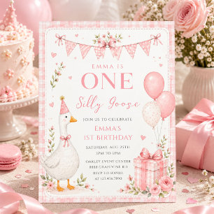 Invitación Un ganso tonto rosa floral 1er cumpleaños
