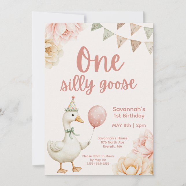 Invitación Un ganso tonto rosa floral cumpleaños 1  (Anverso)