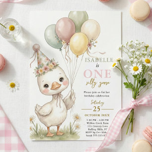 Invitación Un Ganso Tonto Rosa Floral Cumpleaños 1 Niña