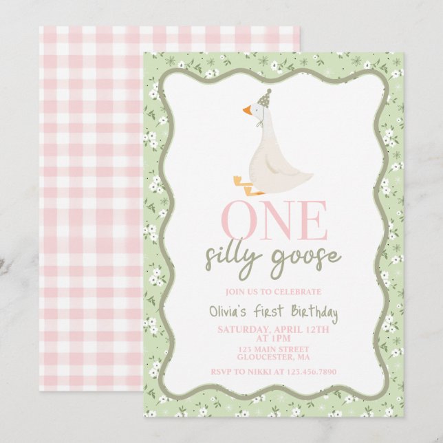 Invitación Un ganso tonto rosa y verde (Anverso / Reverso)