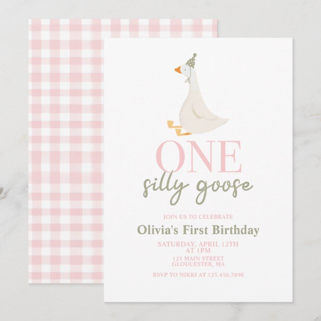 Invitación Un ganso tonto rosa y verde (Anverso / Reverso)