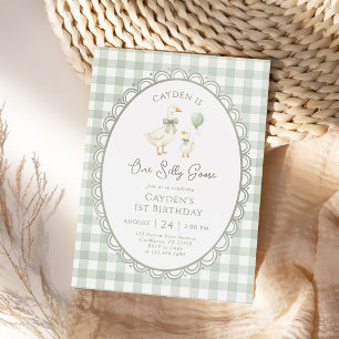 Invitación Un ganso tonto Sage Verde Gingham 1er Cumpleaños