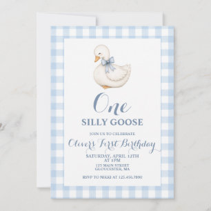 Invitación Un ganso tonto vintage a cuadros azules