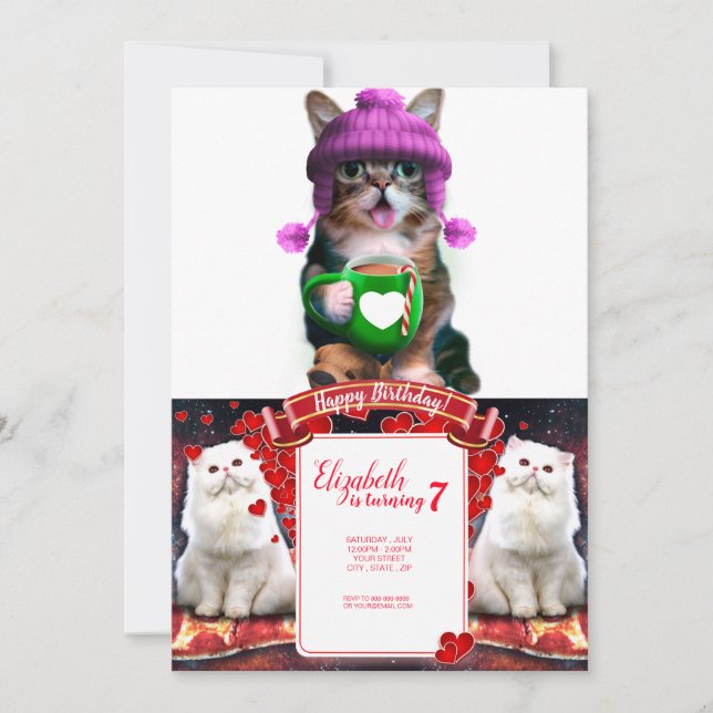 Invitación Un gato gracioso bebiendo café (Anverso)