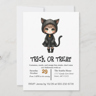 Invitación Un Gato Infantil Aburrido En Halloween Con Disfraz