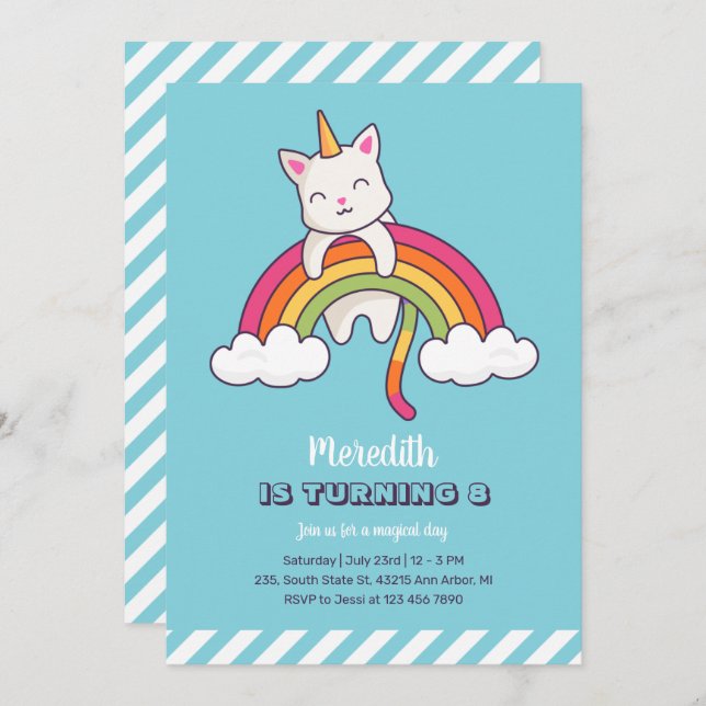 Invitación Un gato lindo, unicornio, Chica arcoíris cumpleaño (Anverso / Reverso)