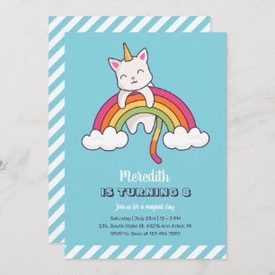 Invitación Un gato lindo, unicornio, Chica arcoíris cumpleaño