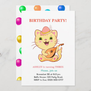 Invitación Un gato lindo y globos multicolores Cumpleaños