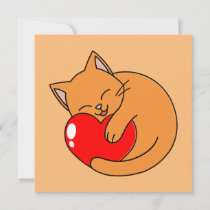 Invitación Un gato Naranja feliz lindo con el corazón rojo