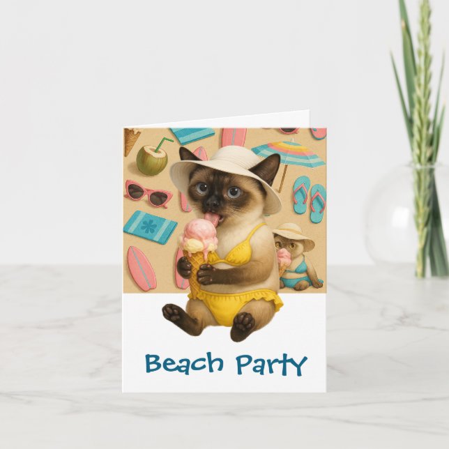 Invitación Un gato siamés está lamiendo al Fiesta de la playa (Anverso)