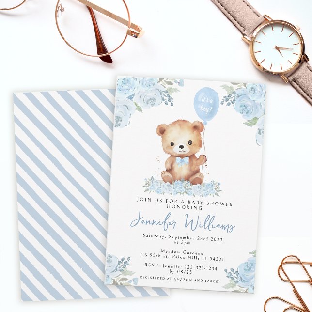 Invitación Un globo azul oso de peluche es una ducha de bebé (Subido por el creador)