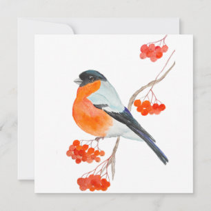 Invitación Un gracioso bullfinch en una rama de un árbol de r
