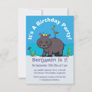 Invitación Un gracioso hipopótamo con personalizado de pájaro