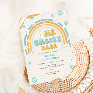 Invitación Un Groovy Babe Arcoiris primer Fiesta de cumpleaño