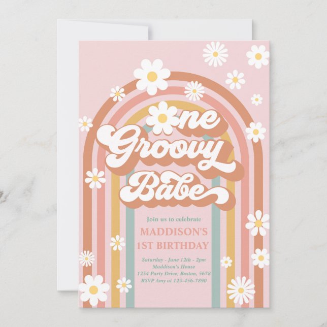 Invitación Un Groovy Babe Boho Daisy Rainbow Primer cumpleaño (Anverso)