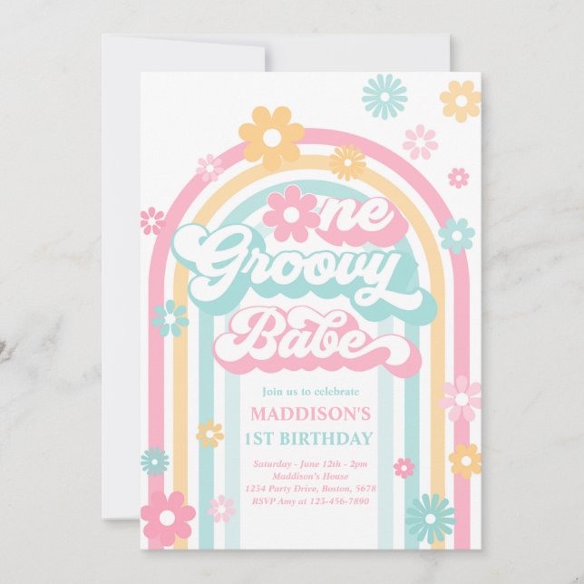 Invitación Un Groovy Babe Boho Daisy Rainbow Primer cumpleaño (Anverso)
