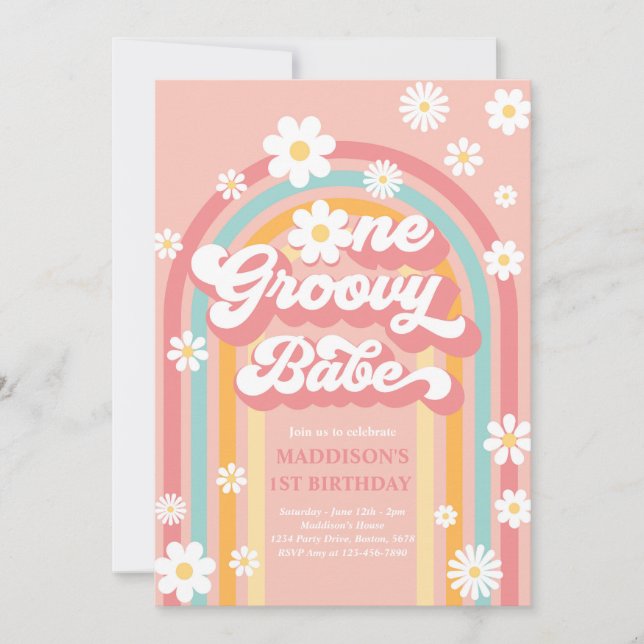 Invitación Un Groovy Babe Boho Daisy Rainbow Primer cumpleaño (Anverso)