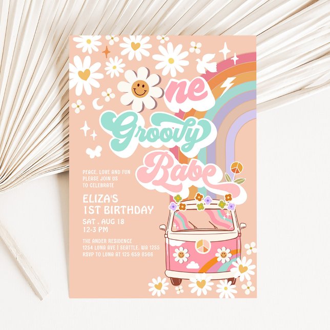 Invitación UN Groovy Babe Pink Daisy Rainbow Primer cumpleaño (Subido por el creador)