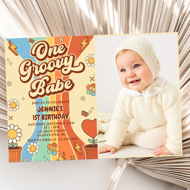 Invitación Un Groovy Babe retro arco iris foto de primer cump (Subido por el creador)