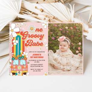 Invitación Un Groovy Babe retro arco iris foto de primer cump