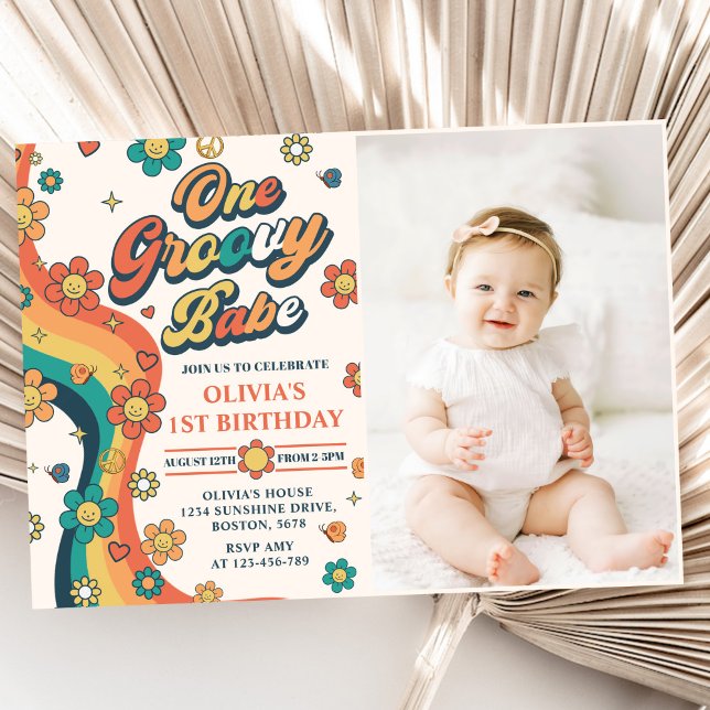 Invitación Un Groovy Babe retro arco iris foto de primer cump (Subido por el creador)