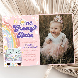 Invitación Un Groovy Babe retro arco iris foto de primer cump