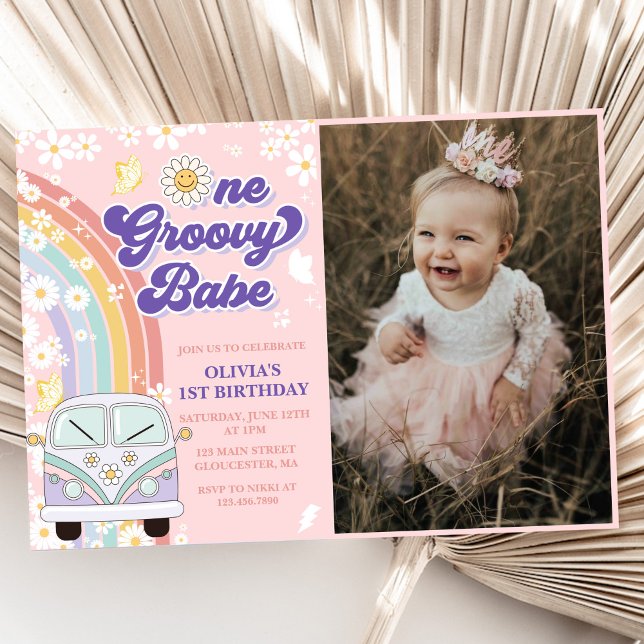Invitación Un Groovy Babe retro arco iris foto de primer cump (Subido por el creador)