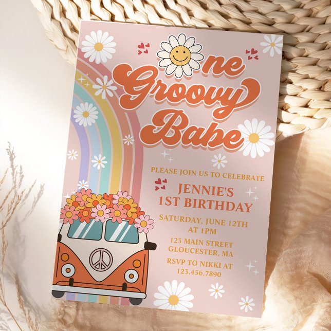 Invitación Un Groovy Babe Retro Arcoiris primer cumpleaños (Subido por el creador)