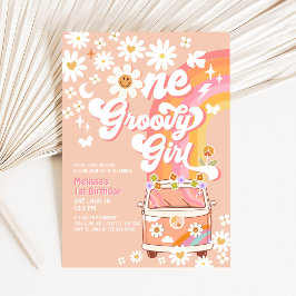 Invitación UN Groovy Chica Peach Peach Van Daisy Primer cumpl