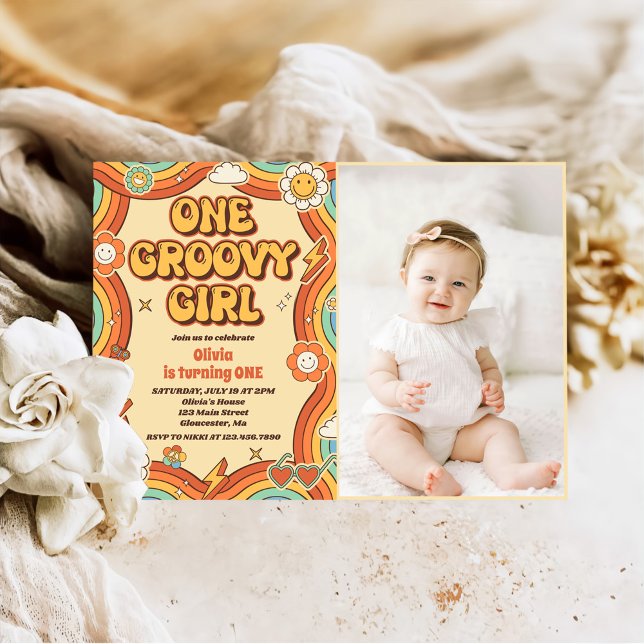 Invitación Un Groovy Chica retro arco iris foto de primer cum (Subido por el creador)