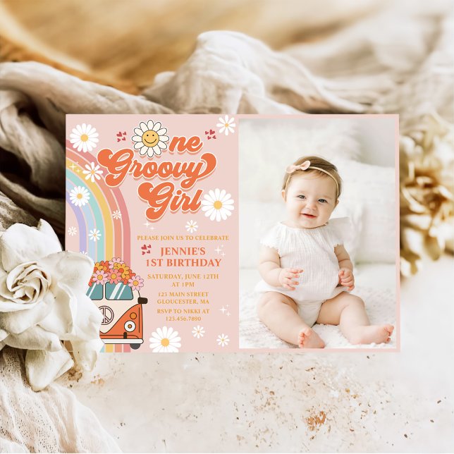 Invitación Un Groovy Chica retro arco iris foto de primer cum (Subido por el creador)