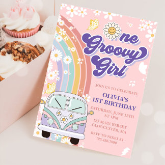 Invitación Un Groovy Chica retro arco iris primer cumpleaños