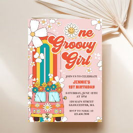 Invitación Un Groovy Chica retro arco iris primer cumpleaños