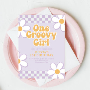 Invitación Un Groovy Chica Retro Check Lilac Daisy