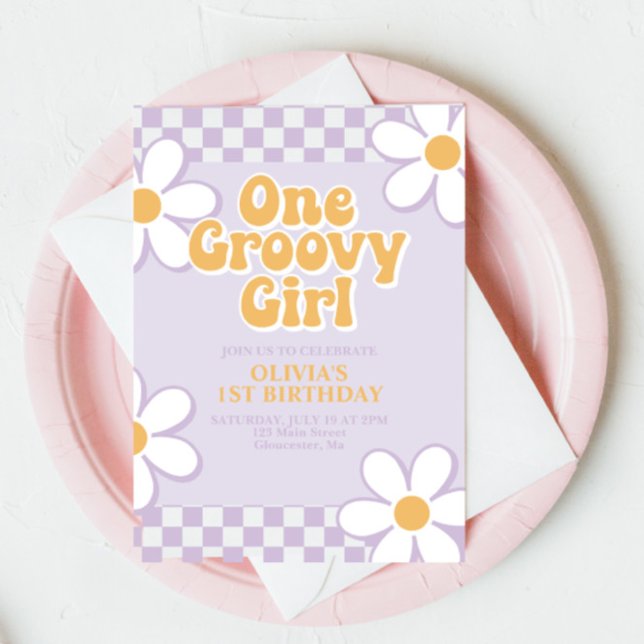 Invitación Un Groovy Chica Retro Check Lilac Daisy (Subido por el creador)