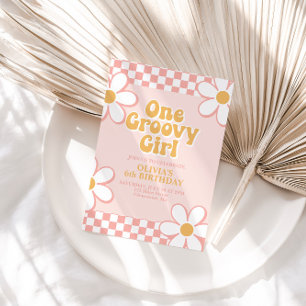 Invitación Un Groovy Chica Retro Check Pink Daisy