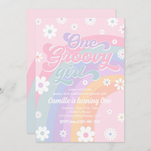 Invitación Un Groovy Chica Retro Daisy Pink Rainbow Birday